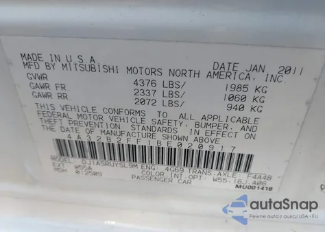 2011 Mitsubishi Galant Fe z USA, uszkodzony, nr VIN 4A32B2FF1BE020917